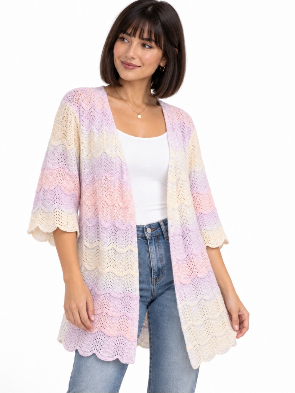 Pastel Rainbow Chevron Open Front Knit Cardigan Lightweight Boho Size Large
